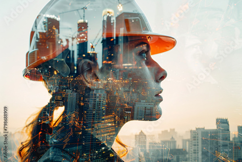 Double-exposure image of a female civil engineer, architect,  or construction worker, and a construction site