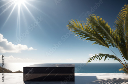 black marble podium, pedestal for product presentation, design for product advertising against the backdrop of a light sunny sky and blue sea