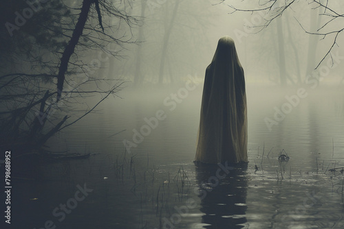 A cloaked figure stands silently by a fog-covered lake amidst barren trees
