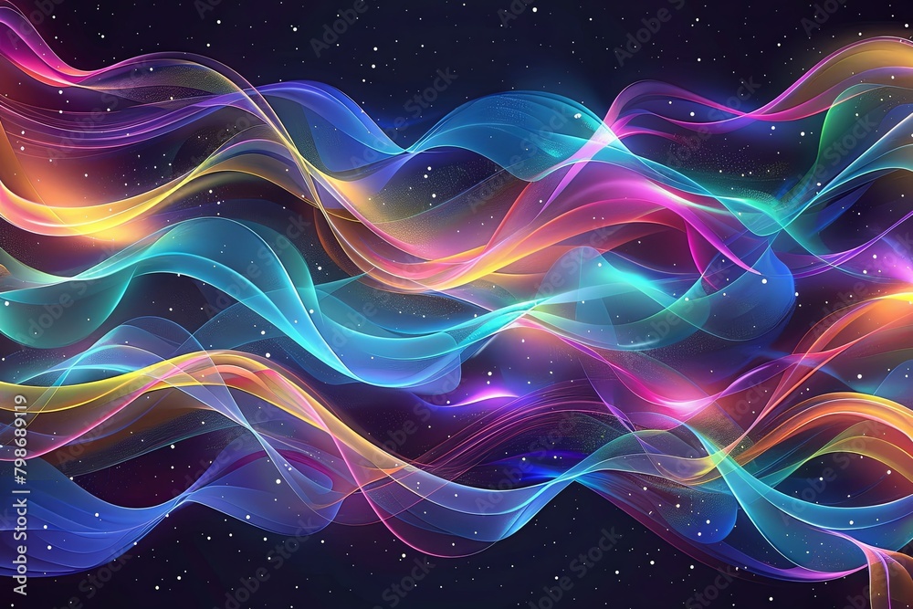 Bold Ribbon Waves: Holographic Swirls on Vibrant Fluid Background Bold Ribbon Waves: Holographic Swirls on Vibrant Fluid Background