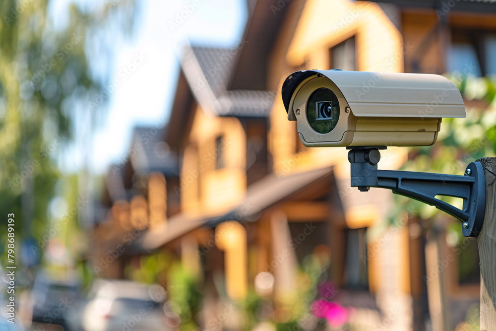 Home security system, a CCTV camera on the outside of a residential home, blurry houses in the background Home security system, a CCTV camera on the outside of a residential home, blurry houses in the background