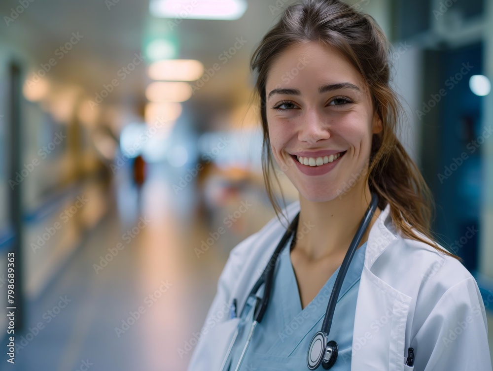 A Physician female wearing physician uniform, standing in front of a hospital corridor, smiling and looking into camera A Physician female wearing physician uniform, standing in front of a hospital corridor, smiling and looking into camera