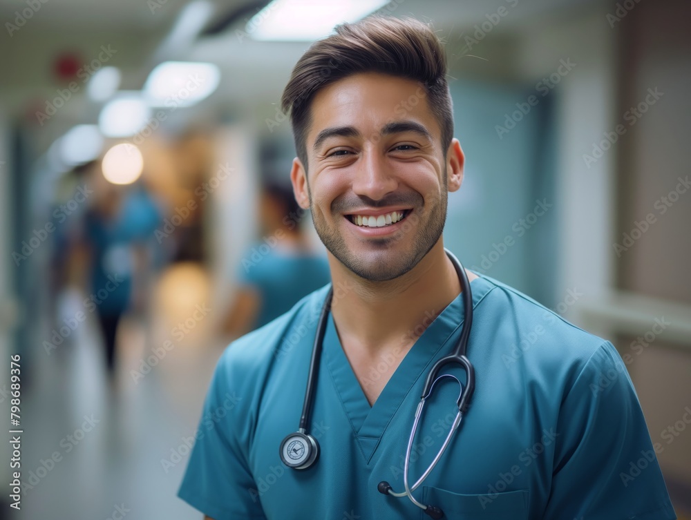 A Physician male wearing physician uniform, standing in front of a hospital corridor, smiling and looking into camera A Physician male wearing physician uniform, standing in front of a hospital corridor, smiling and looking into camera