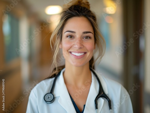 A Physician female wearing physician uniform, standing in front of a hospital corridor, smiling and looking into camera