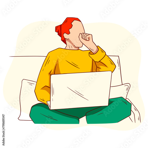Sleepy woman sitting on the sofa and working on a personal computer, tired, unable to sleep, yawning, covering her mouth. Vector flat illustration