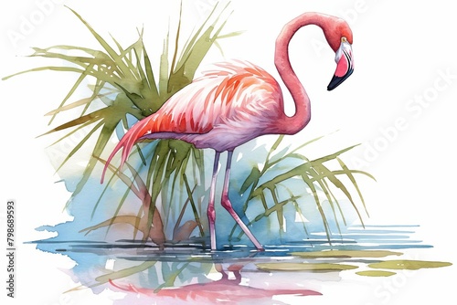 Serene flamingo standing in water  soft pinks and whites vividly detailed  graceful and elegant  isolated on white background  watercolor