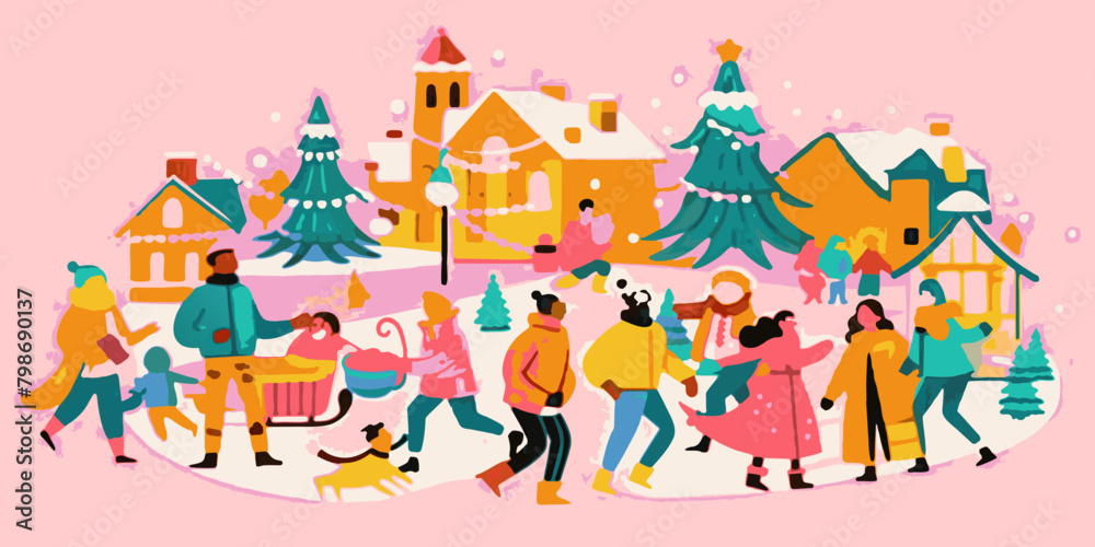 Winter holiday village scene with people enjoying outdoor activities. Digital illustration of community and family festive gathering. Christmas season and holiday concept. Design for greeting card