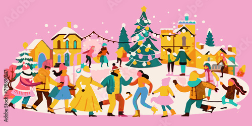 Vibrant Community Winter Celebration with Holiday Decorations. Vector illustration of  family festive gathering. Christmas season and holiday concept. Design for greeting card, poster,  invitation.  © Oksa Art