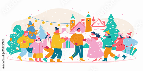 Winter holiday village scene with people enjoying outdoor activities. Vector illustration of community and family festive gathering. Christmas season and holiday. Design for greeting card, poster