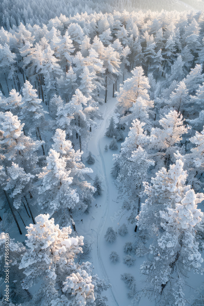 Winter Wonderland Aerial View - curvy road in the woods