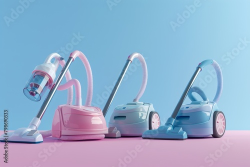 Three different colored vacuum cleaners are displayed on a table photo
