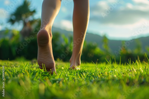 Walking barefoot on freshly cut grass in nature on a sunny day photo