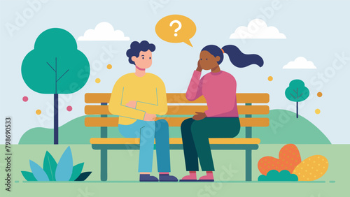 Two individuals with neurodivergent conditions sitting on a park bench one offering the other a listening ear and words of comfort.. Vector illustration © Justlight