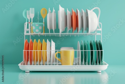 colorful dish rack with plates, forks, spoons, and cups photo