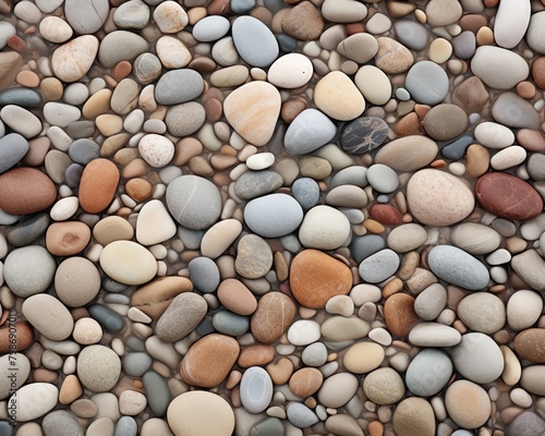 Smooth river stones arranged in a zenlike pattern on a sandy beach, with gentle waves in the background creating a tranquil scene