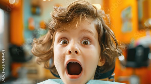 Close-up of the child's face showing a mixture of excitement and nervousness as they sit in the barber's chair. 