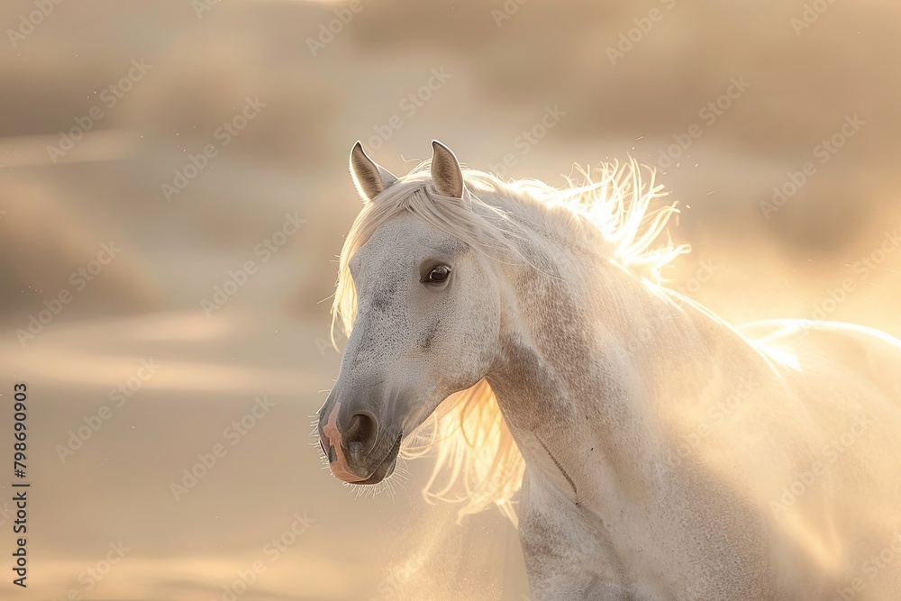 Silver Equine Majesty: Sunlit Desert Spirit - A Wild Horse's Dance