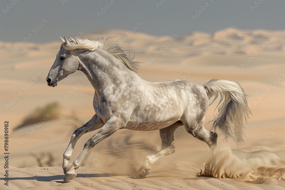 Silver Stallion's Spectacular Sprint: Grey Mane Unleashed in the Wild Desert Silver Stallion's Spectacular Sprint: Grey Mane Unleashed in the Wild Desert