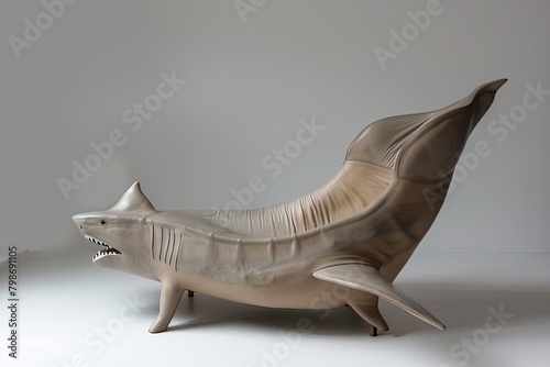 sofa chair made of a shark   the seat is shaped like one piece of skin shark with a fin stem