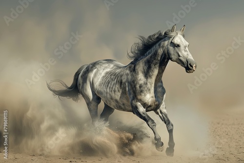 Defiant Grey Horse  Majestic Charge Through Desert Dust Clouds