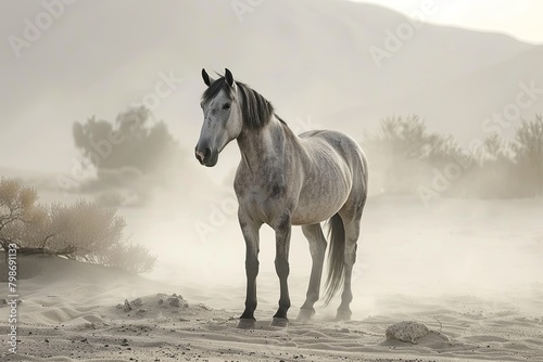 Untamed Strength: A Grey Horse Defiant in the Dusty Desert Air © Michael