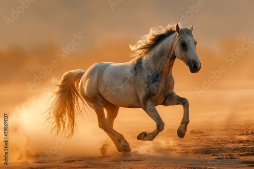 The Spirit of the Wild  Grey Horse Galloping at Sunrise through Desert Dust