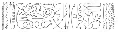 Set of long doodle arrows in sketch style. Arrows of various shapes and lengths are straight and rounded.
