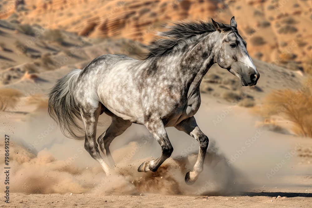 Obraz premium Thundering Grey Horse: The Desert Fury Unleashed