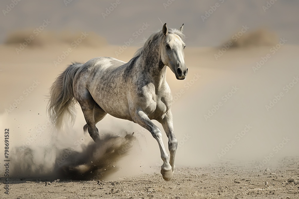 The Spectacle of a Wild Grey Horse Galloping Free in the Desert Landscape The Spectacle of a Wild Grey Horse Galloping Free in the Desert Landscape