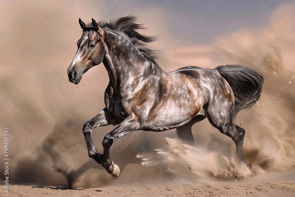 Grey Horse Rearing in Desert's Essence: Wild Spirit of Freedom and Grace