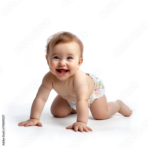 A naked baby crawls in diapers isolated on a white background. He smiles, he is comfortable and comfortable. Subject for advertising hygiene products for newborns, skin care products for babies. Print
