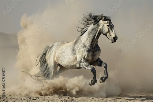 Grey Horse Rearing in Freedom: Desert's Essence and Wild Grace