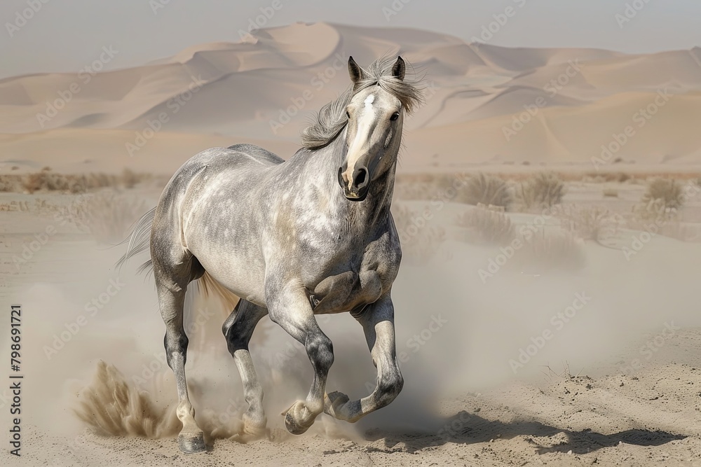 Wild and Free: Spirit of the Grey Horse Charging Through the Desert