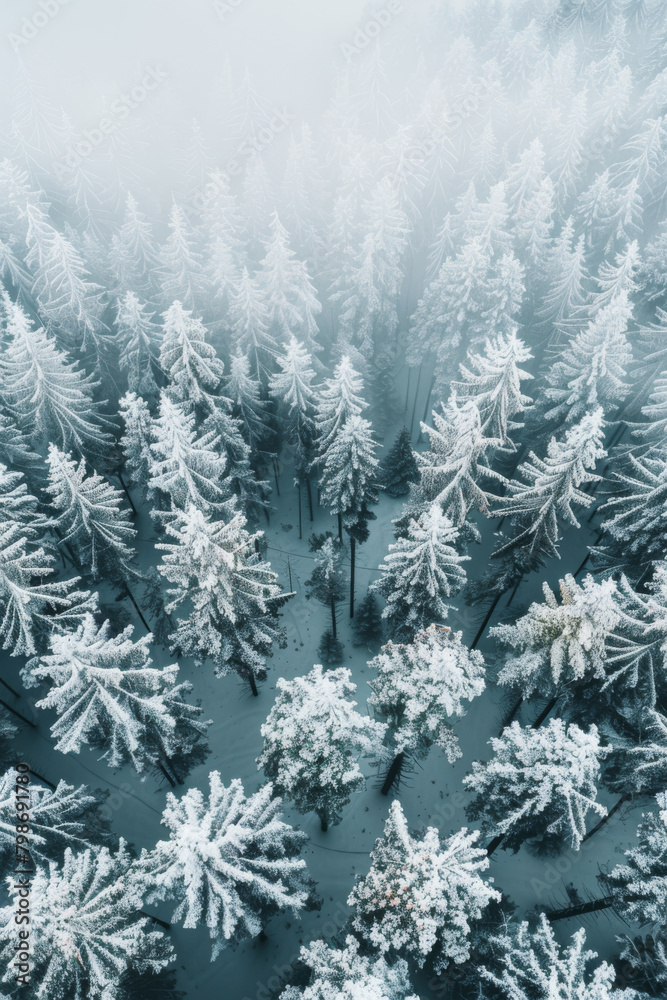 Winter Wonderland Aerial View - forrest covered in snow