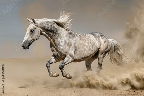 Thundering Freedom: Grey Horse Galloping Through Desert Dust