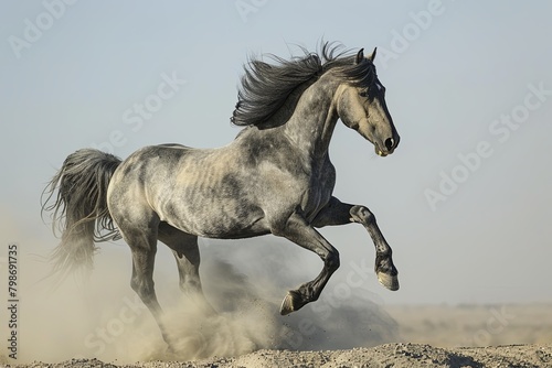 Desert Spirit  Grey Horse Rearing in Dust  Symbolizing Freedom and Power