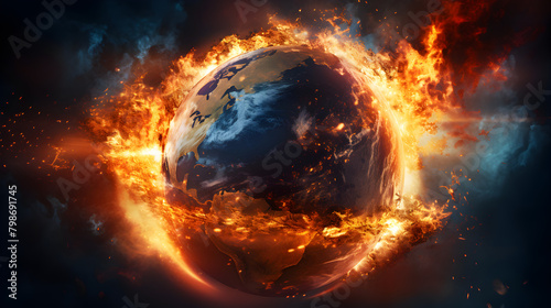Illustration of the planet Earth burning.