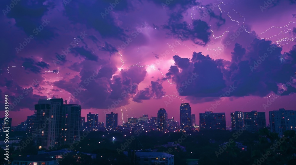 Fototapeta premium A city is lit up with lights and the sky is filled with lightning