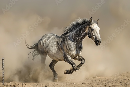 Grey Horse Running Wild  A Symphony of Freedom in the Isolated Desert Wilderness