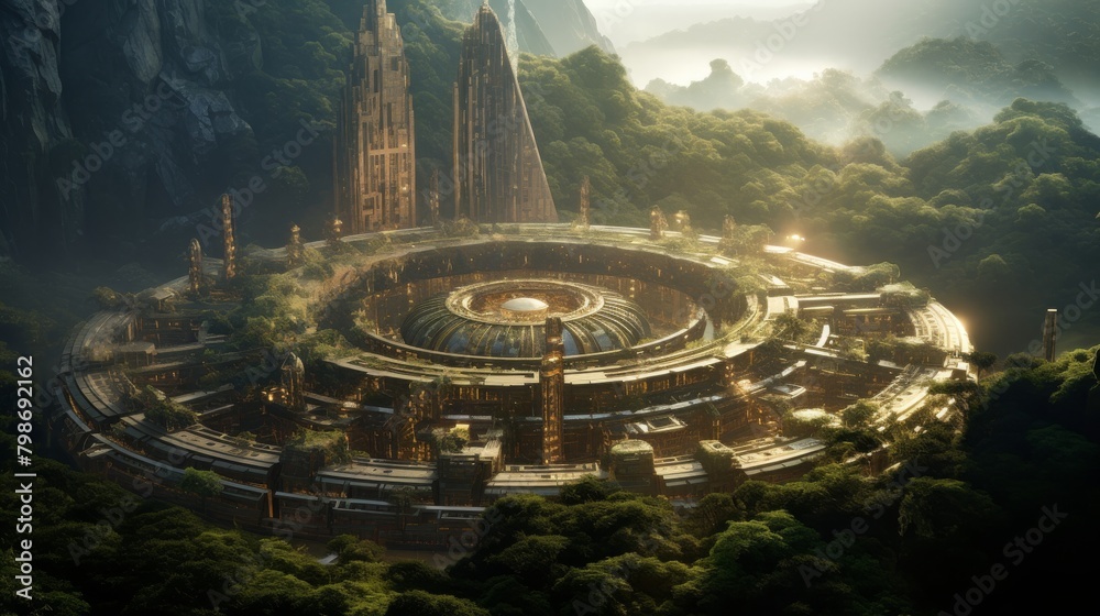 Majestic alien architecture nestled in a lush mountain valley: A fantasy world