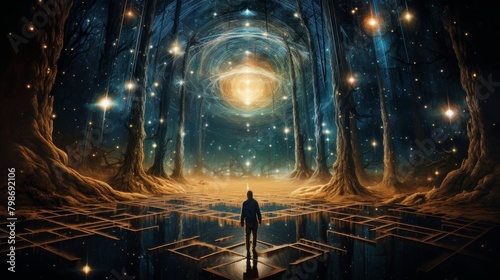Man on a Mystical Journey through a Cosmic Tunnel of Light and Stars photo