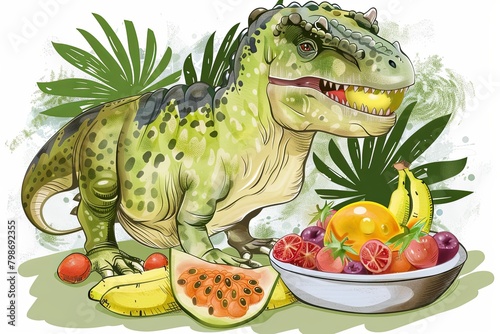 Vegetarian dinosaur eating a bowl of fresh fruit  caricature