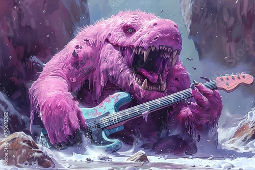a long fangs mammoth playing guitar in ice era, cartoon