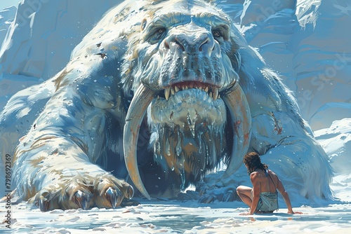 CaveMan In yoga position in front Of a long fangs mammouth doing yoga in ice era, cartoon photo