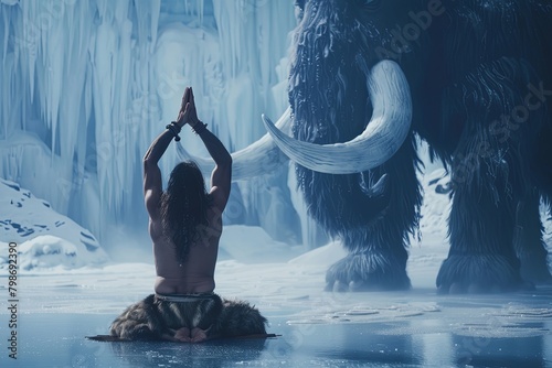 CaveMan In yoga position in front Of a long fangs mammouth doing yoga in ice era, cartoon photo