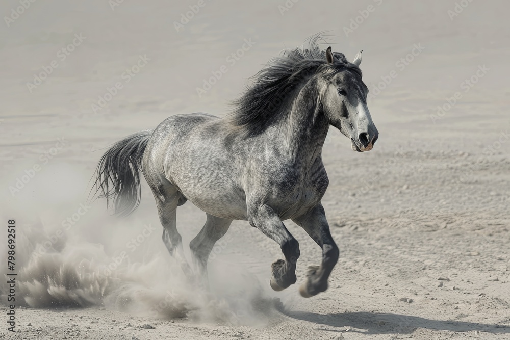Unchained Grace: The Wild Dance of a Grey Horse in the Desert Unchained Grace: The Wild Dance of a Grey Horse in the Desert