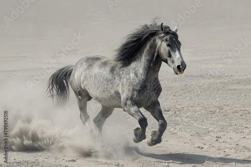 Unchained Grace  The Wild Dance of a Grey Horse in the Desert