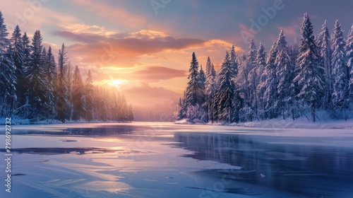 sunrise over the river with snowy mountains, Natural winter landscape aerial drone top view Winter sunset in Pallas Yllas Tunturi National Park Lapland northern Finland. Copyspace image.. Generated AI