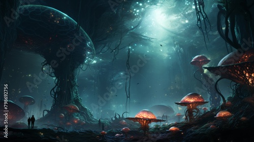 Mystical forest with glowing mushrooms and ethereal trees in a fantasy setting