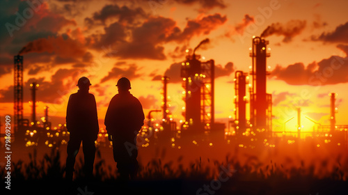 Silhouettes of oil industry professionals against the backdrop of a glowing refinery maintaining critical infrastructure in hazardous condition
